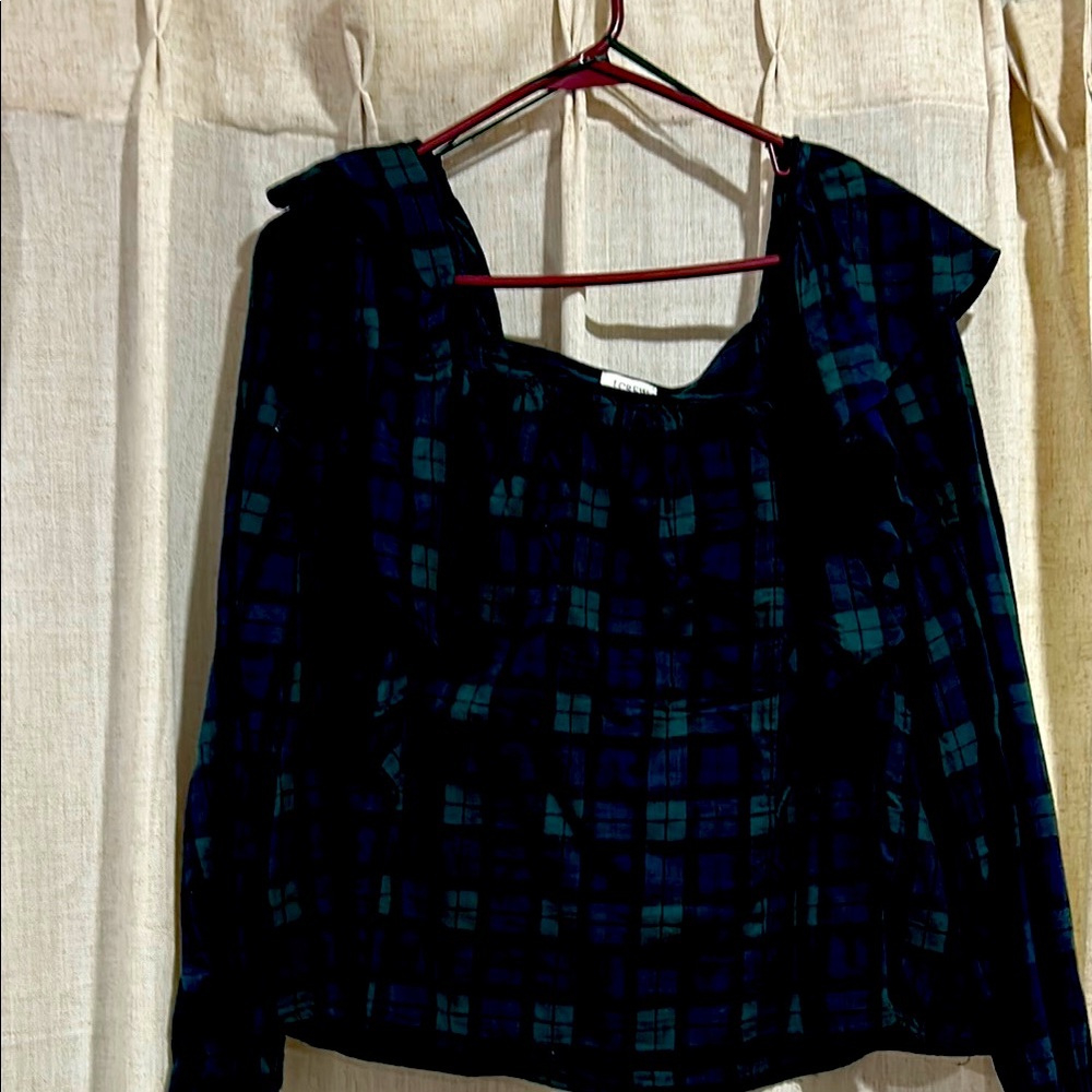 J. Crew Green and Black Asymmetrical Ruffled Blouse